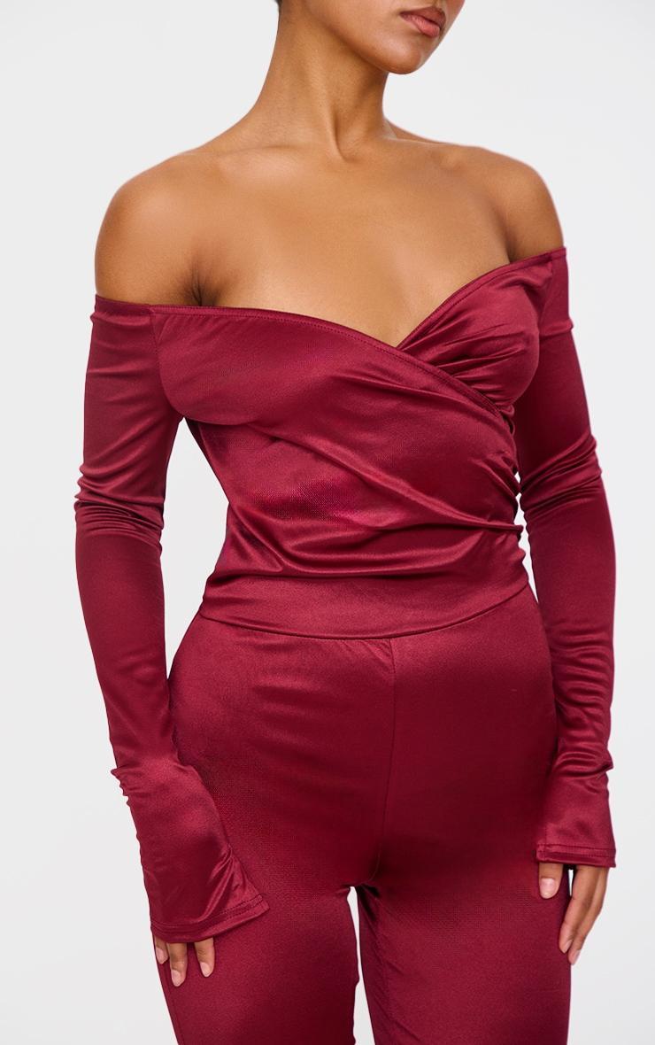 Burgundy Stretch Satin Cross Front Bardot Split Hem Jumpsuit Product Image