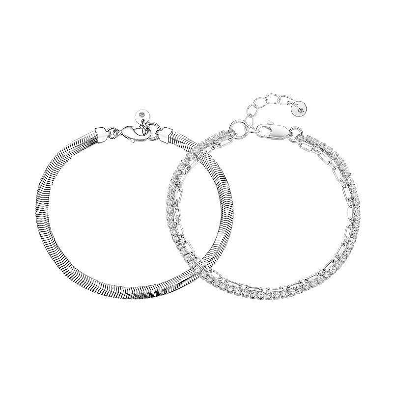 Isla & Alex Cubic Zirconia Link, Herringbone, Tennis Chain Layered Bracelet Set, Womens Silver Tone Product Image