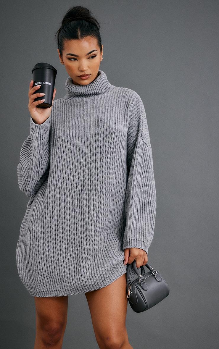 Grey Knit Roll Neck Sweater Dress Product Image