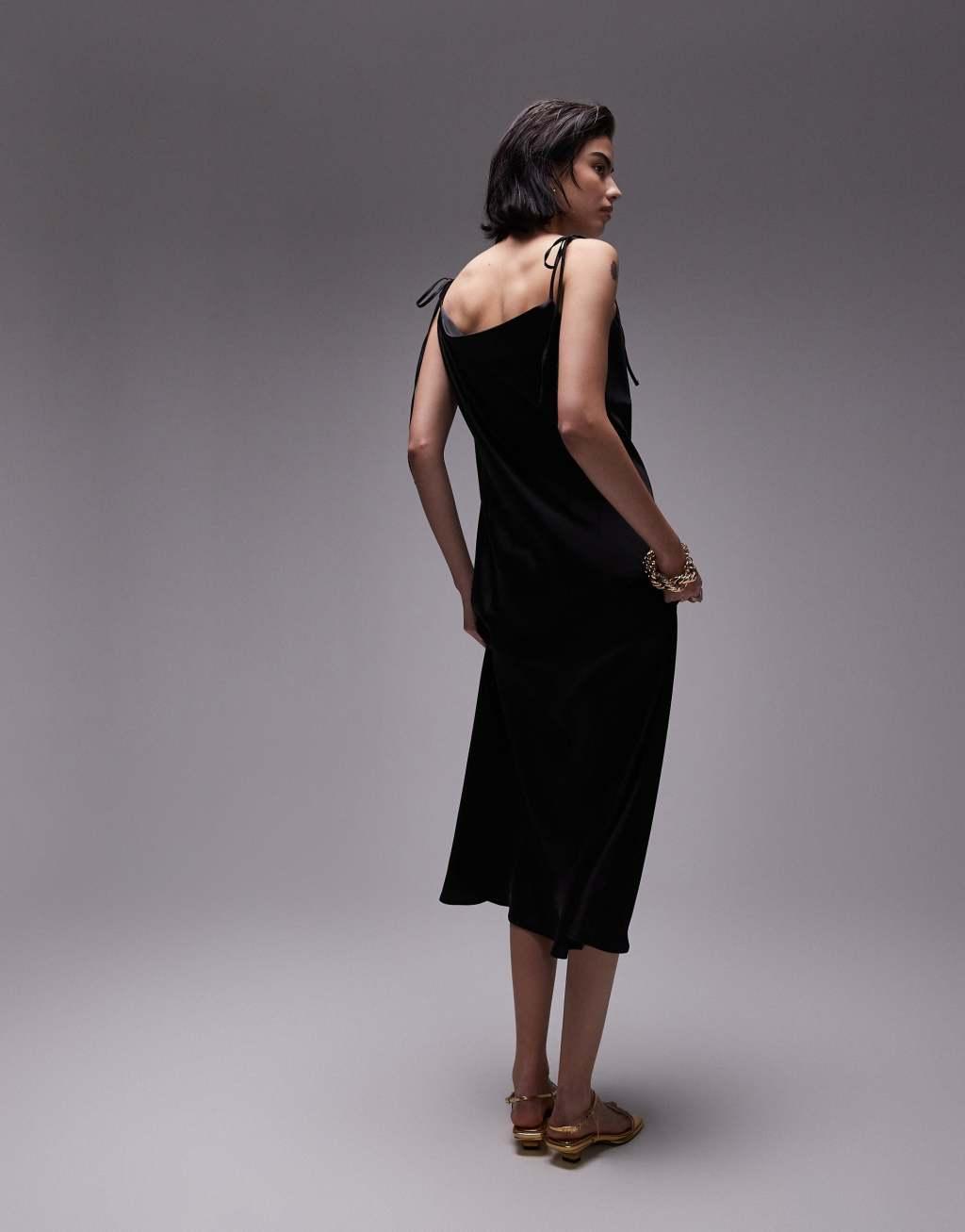 Topshop cowl neck tie shoulder midi slip dress in black Product Image