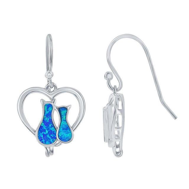 Sterling Silver Lab-Created Blue Opal Cats In Heart Earrings, Womens Product Image