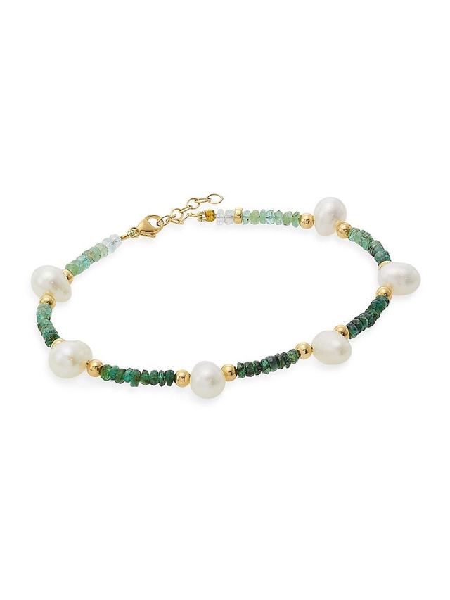 Womens Arizona 14K Yellow Gold, Emerald, & Freshwater Pearl Bracelet Product Image