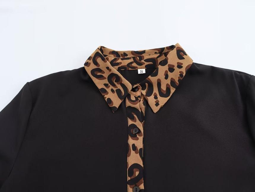 Collared Leopard Trim Button Down Shirt Product Image