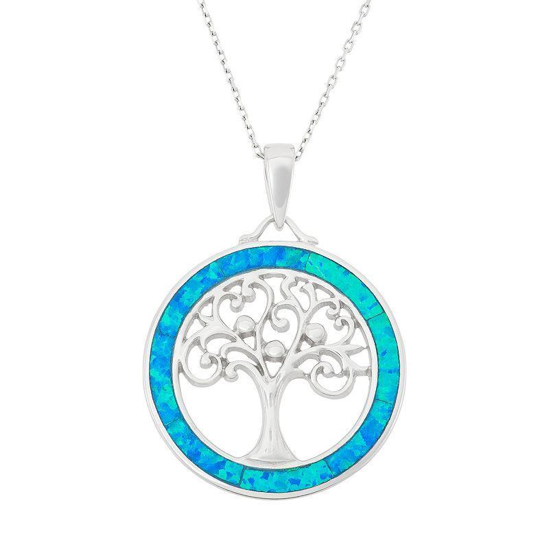 Lab-Created Blue Opal Sterling Silver Tree of Life Circle Pendant Necklace, Womens Product Image