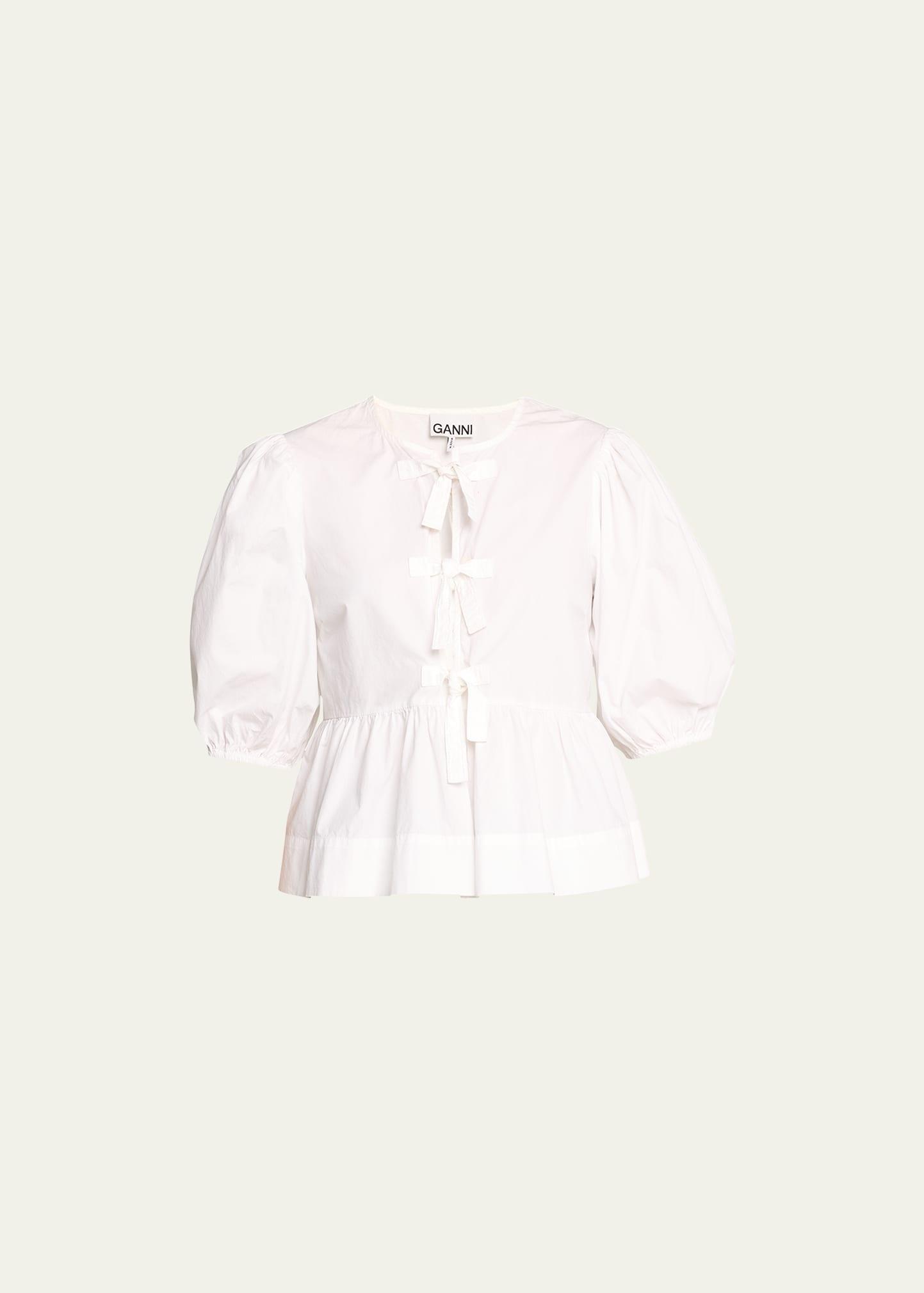 Poplin Front-Tie Peplum Blouse with Puffed-Sleeves Product Image