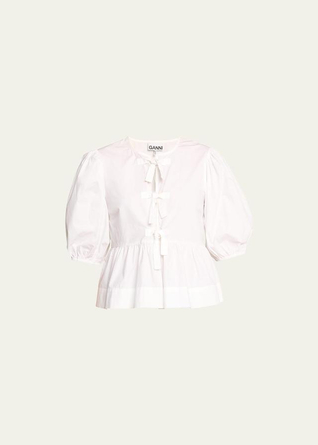 Poplin Front-Tie Peplum Blouse with Puffed-Sleeves Product Image