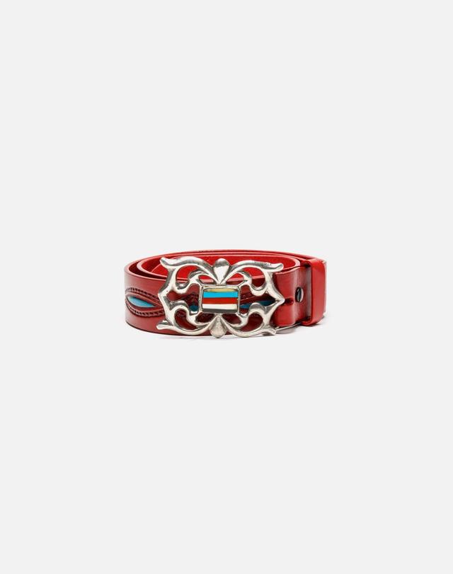 70s Embossed Painted Belt with Sterling Zuni Buckle Female Product Image