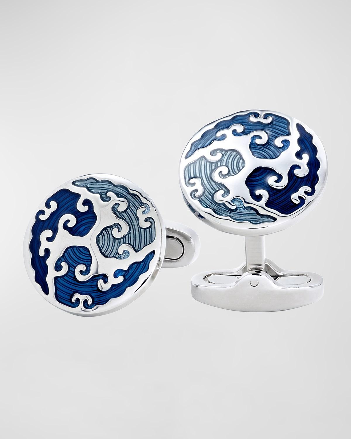 Men's Round Blue Wave Cufflinks Product Image