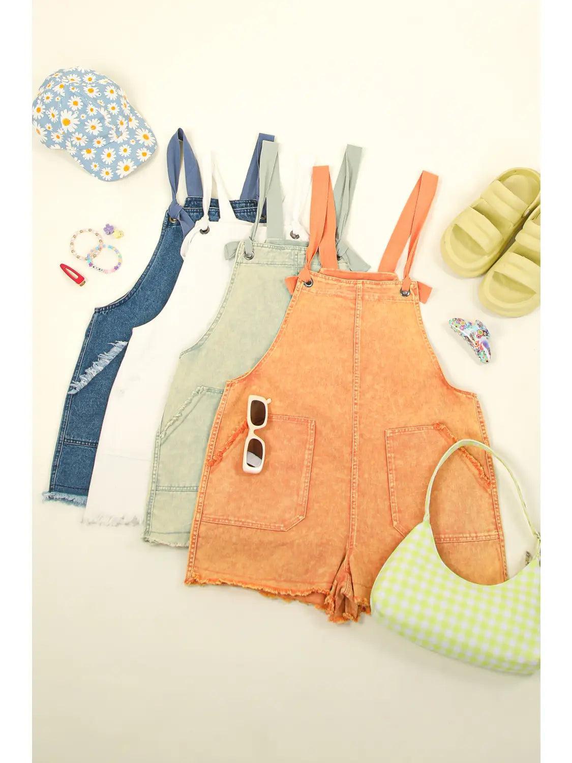 Orange Washed Cotton Denim Casual Romper Overalls Female Product Image