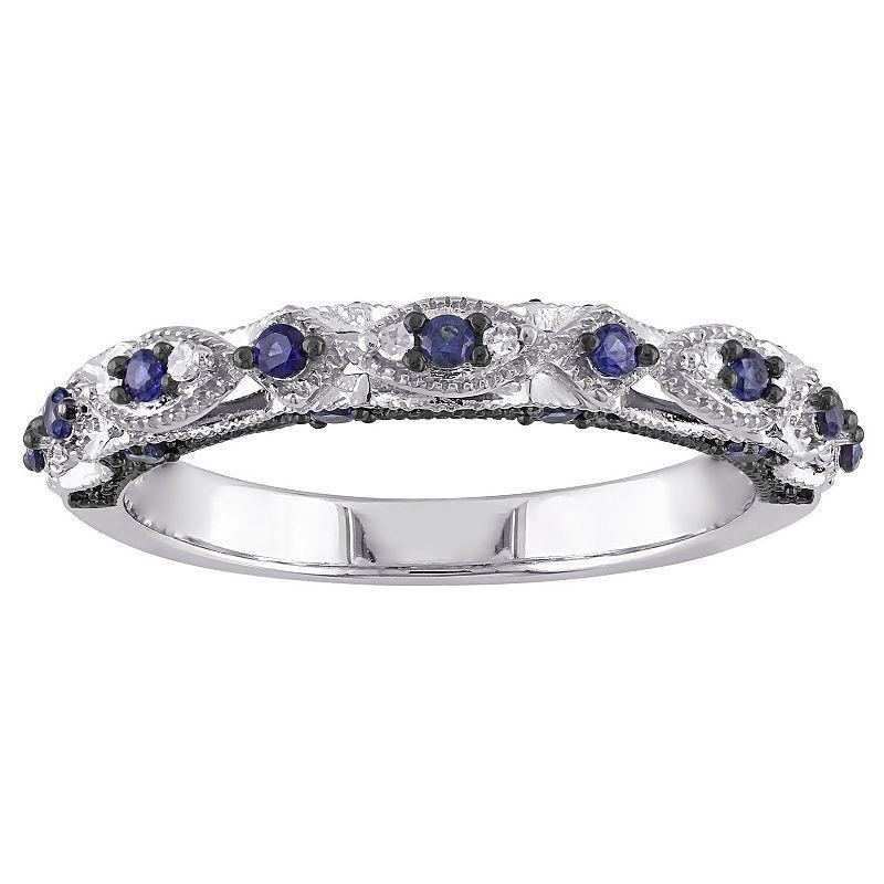 Stella Grace 10k White Gold Lab-Created Sapphire & Diamond Accent Vintage Anniversary Band, Womens Blue Product Image