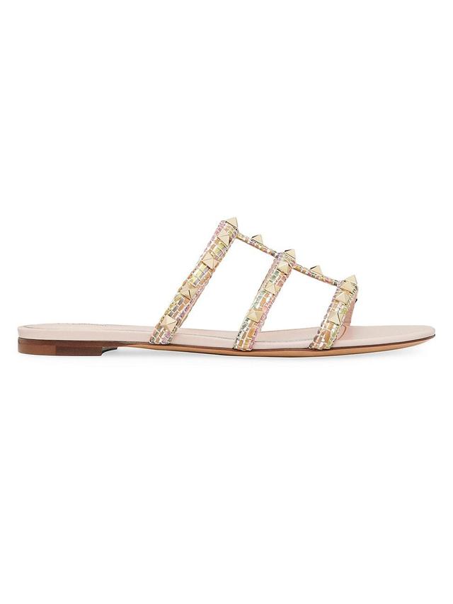 Womens Rockstud Flat Calfskin and Raffia Sandals Product Image