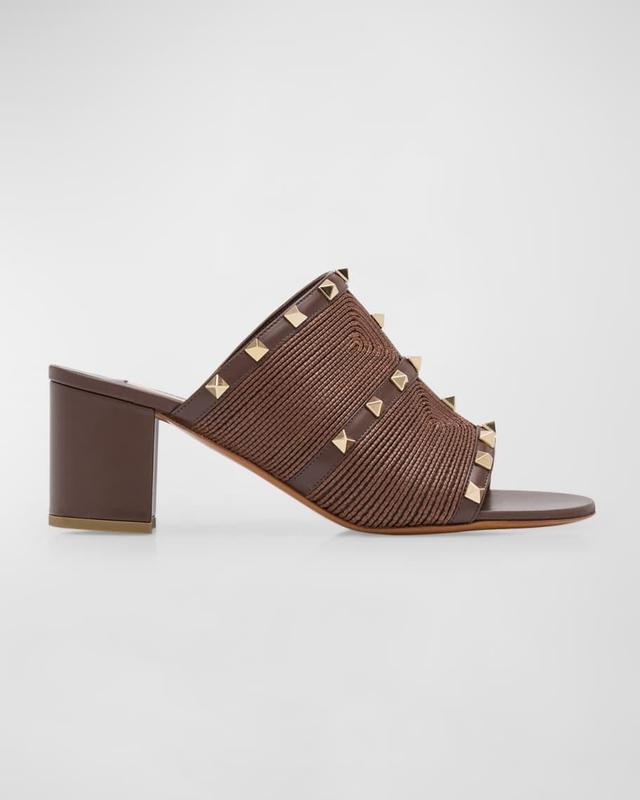 Rockstud Leather Raffia Mule Sandals Product Image