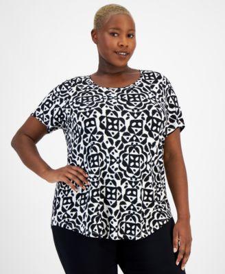 Plus Size Printed Short Sleeve Scoop-Neck Top, Created for Macy's  Product Image