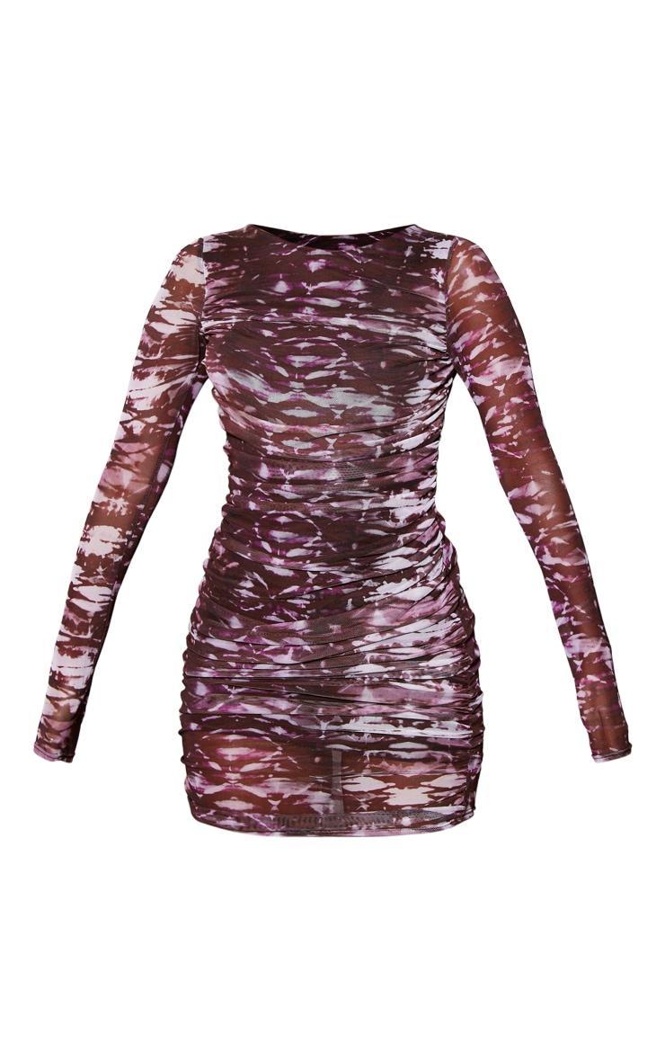 Purple Abstract Print Mesh Ruched Bodycon Dress Product Image