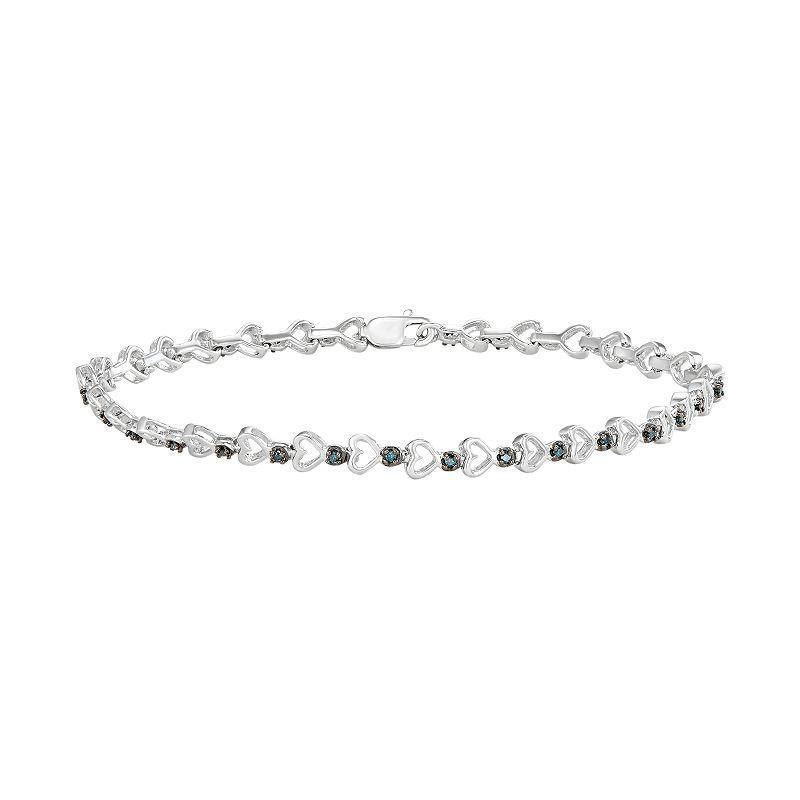 Sterling Silver 1/6 Carat T.W. Blue Diamond Heart Link Bracelet, Womens Product Image