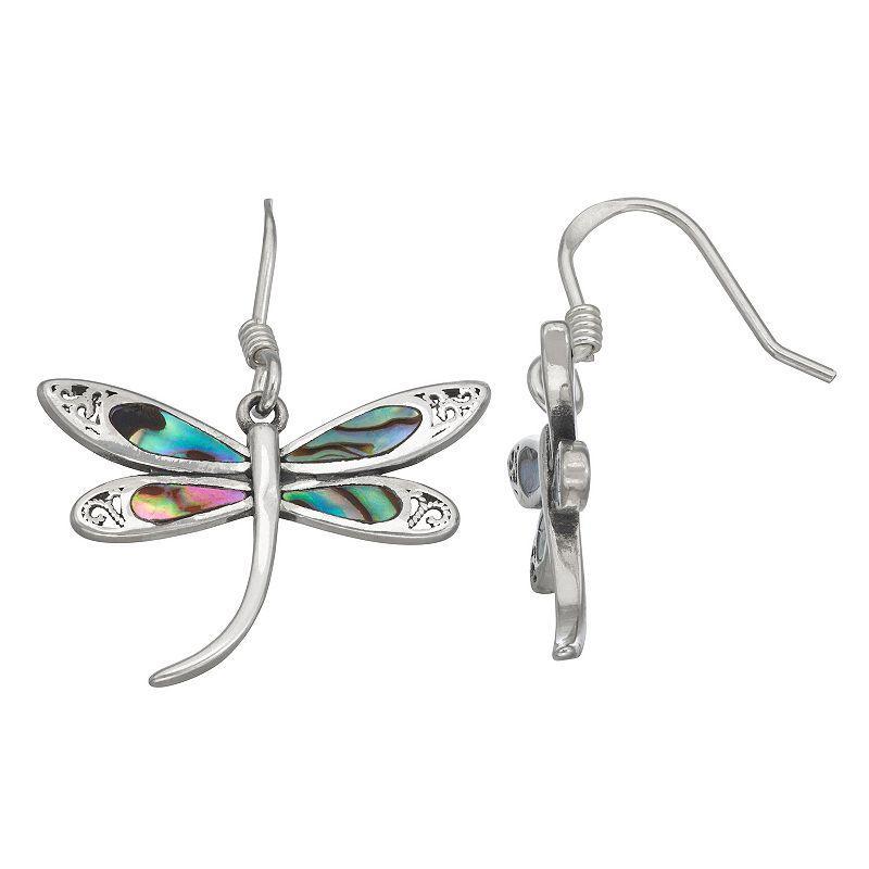 Sterling Silver Abalone Dragonfly Earrings, Womens Product Image