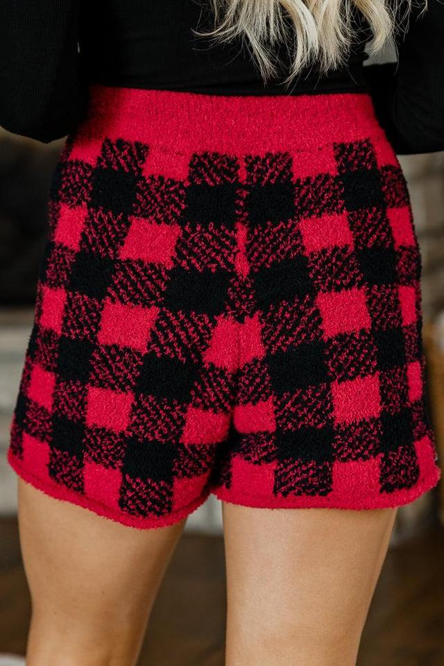 Most Wonderful Time Fuzzy Red and Black Plaid Lounge Shorts Product Image