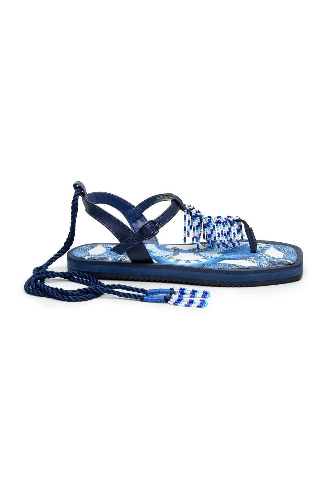 Blue Tile Beaded Flat Sandals Product Image