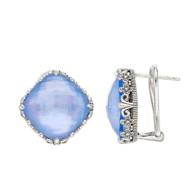 SIRI USA by TJM Sterling Silver Lab-Created Blue Quartz & Mother-of-Pearl Doublet Cushion Omega Earrings, Womens Product Image