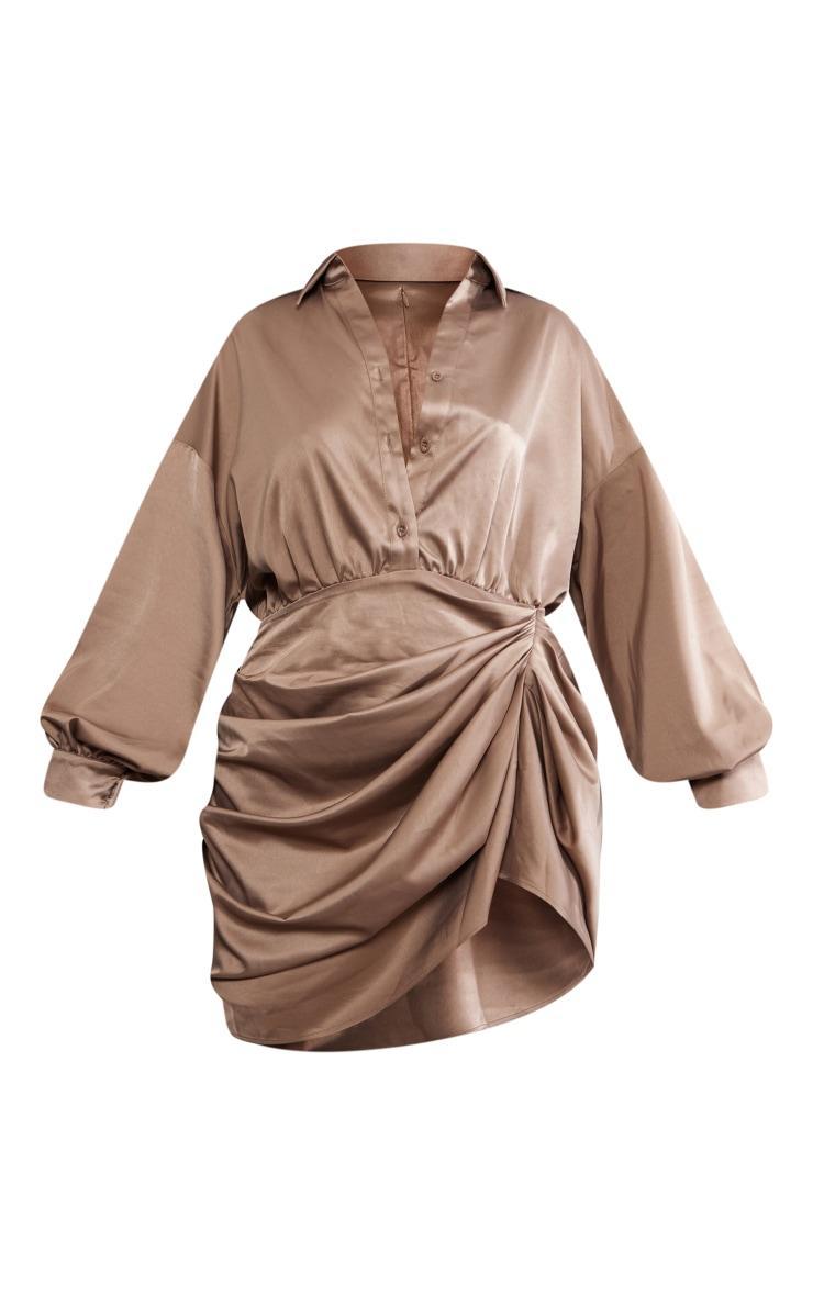 Taupe Satin Drape Skirt Oversized Sleeve Shirt Dress Product Image