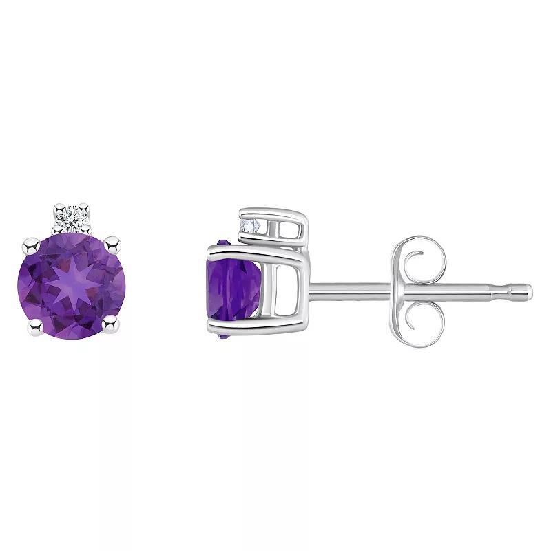 14k Gold 4 mm Round Birthstone & 1/10 Carat T.W. Diamond Stud Earrings, Womens, Purple Feb Product Image