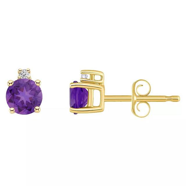 14k Gold 4 mm Round Birthstone & 1/10 Carat T.W. Diamond Stud Earrings, Womens, Purple Feb Product Image