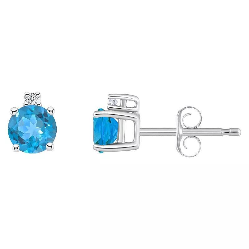 14k Gold 4 mm Round Birthstone & 1/10 Carat T.W. Diamond Stud Earrings, Womens, Blue Topaz Dec Product Image