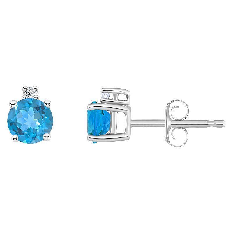 14k Gold 4 mm Round Birthstone & 1/10 Carat T.W. Diamond Stud Earrings, Womens, Blue Topaz Dec Product Image