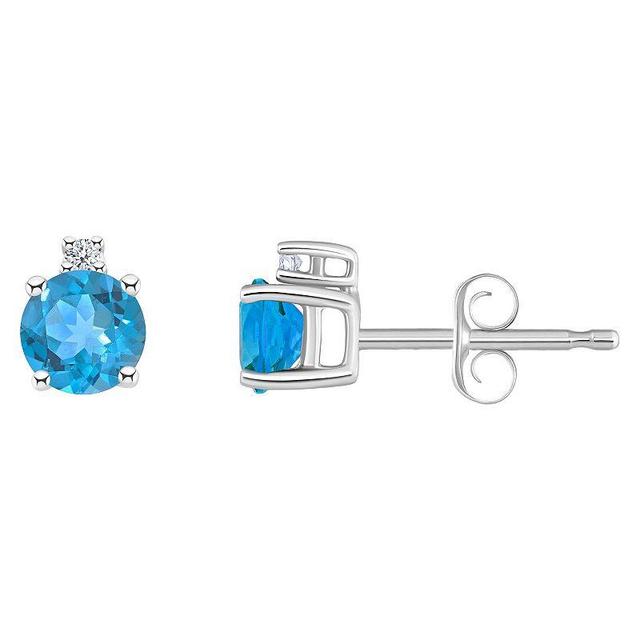 14k Gold 4 mm Round Birthstone & 1/10 Carat T.W. Diamond Stud Earrings, Womens, Blue Topaz Dec Product Image