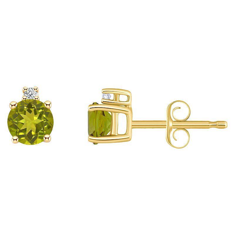 14k White Gold 4 mm Round Birthstone & 1/10 Carat T.W. Diamond Stud Earrings, Womens, Peridot Aug Product Image