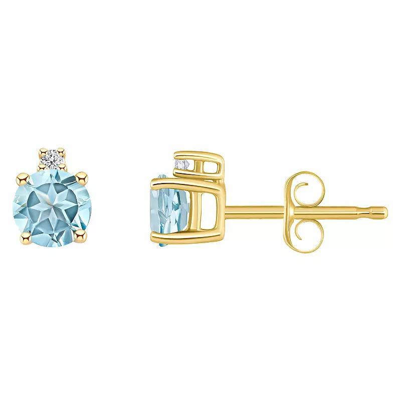 14k Gold 4 mm Round Birthstone & 1/10 Carat T.W. Diamond Stud Earrings, Womens, Aquamarine Product Image