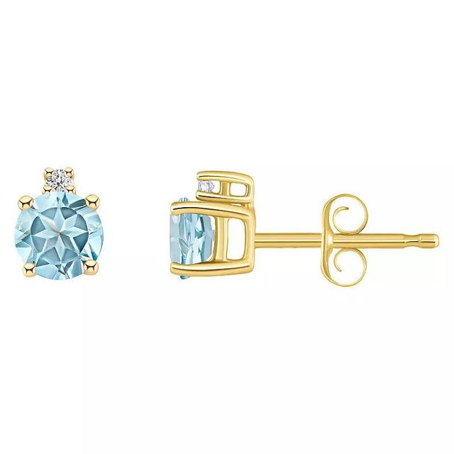 14k Gold 4 mm Round Birthstone & 1/10 Carat T.W. Diamond Stud Earrings, Womens, Aquamarine Product Image