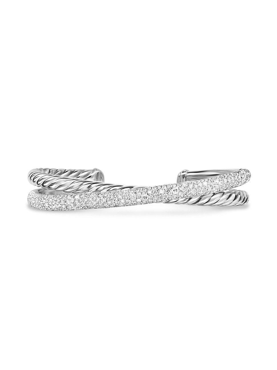 Womens Pav Crossover Two Row Cuff Bracelet in Sterling Silver Product Image