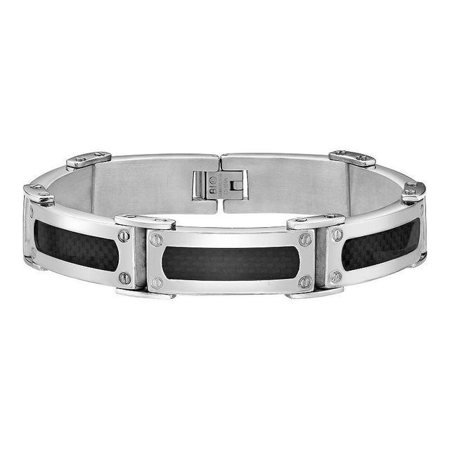 Mens LYNX Stainless Steel Black Carbon Fiber Link Bracelet White Product Image