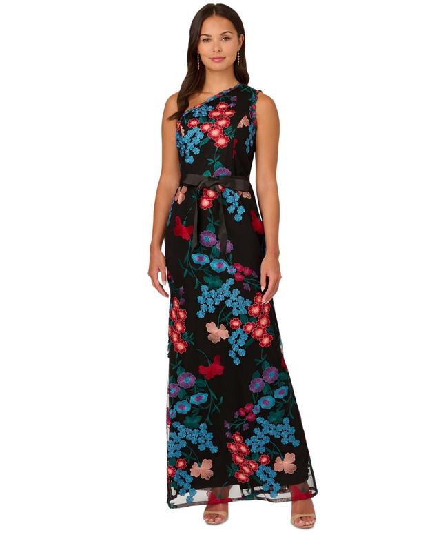 Adrianna Papell Womens One-Shoulder Embroidered Gown Product Image