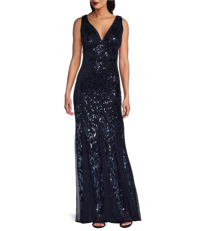 R & M Richards V-Neck Sleeveless Ombre Sequin Sheath Gown Product Image