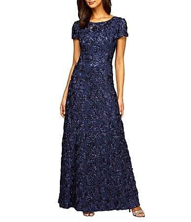 Alex Evenings Sequin Floral Lace Ribbon Rosette Round Neck Short Sleeve Gown Product Image