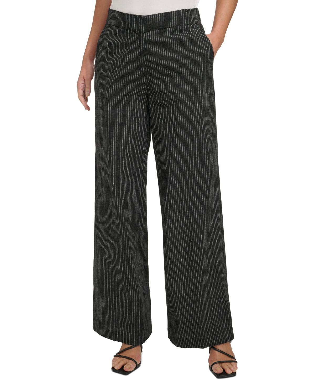 Dkny Womens Pinstriped Full-Length Wide-Leg Pants - Black Product Image