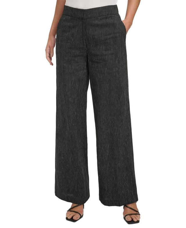 Dkny Womens Pinstriped Full-Length Wide-Leg Pants - Black Product Image