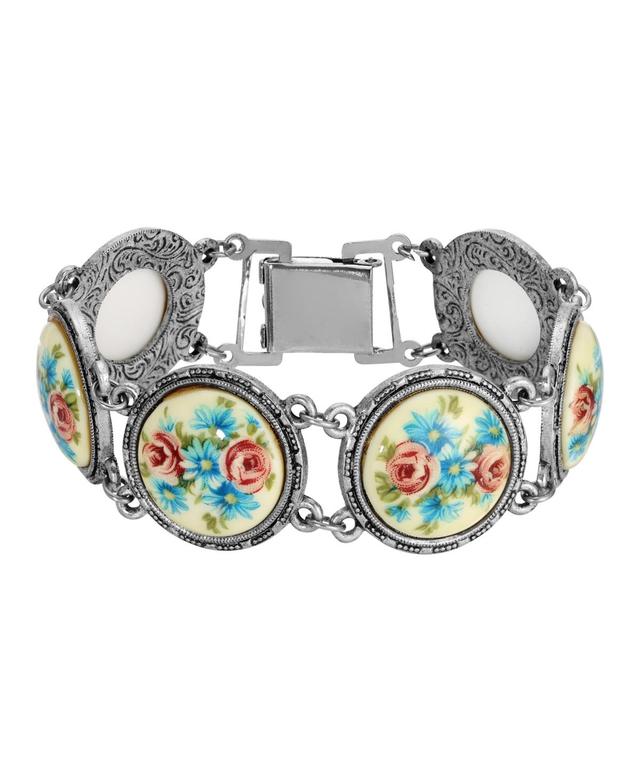 1928 Silver Tone Blue and Pink Rose Round Stone Link Bracelet, Womens Product Image