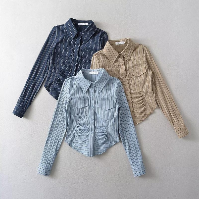 Long-Sleeve Collared Striped Ruched Shirt Product Image