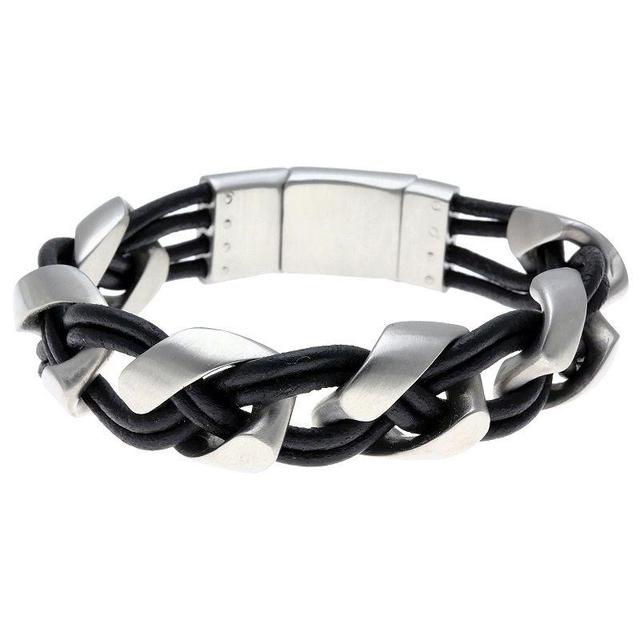 Mens LYNX Two Tone Sterling Silver Braided Black Leather Bracelet Product Image