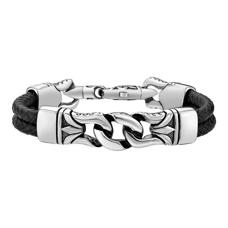 Mens LYNX Black Ion-Plated Stainless Steel Black Leather Bracelet Product Image