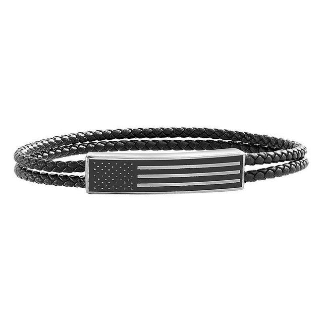 1913 Mens Double Braided Vegan Leather & Stainless Steel American Flag Bracelet Multicolor Product Image