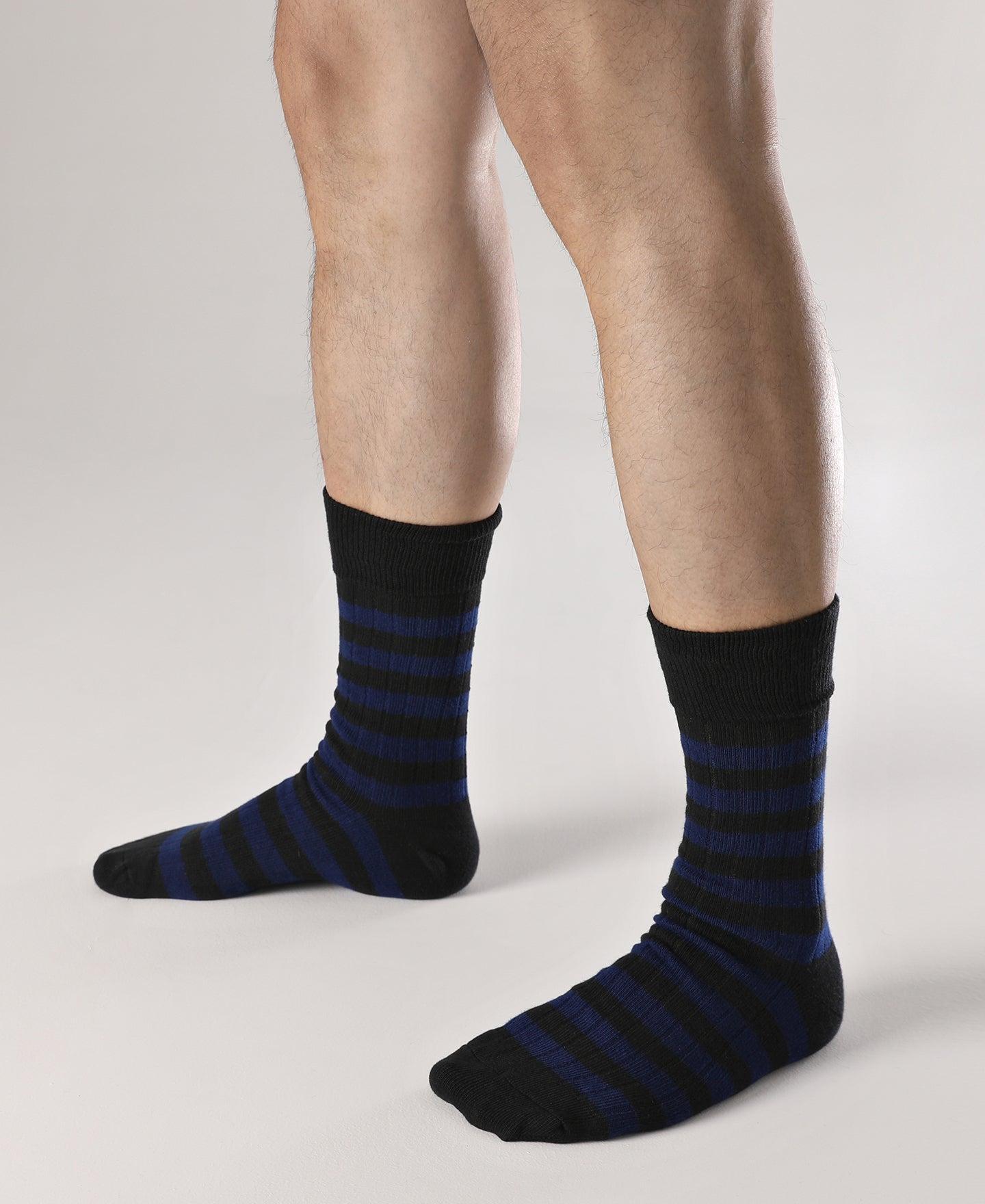 Retro Striped Cotton Socks - Black/Blue Product Image