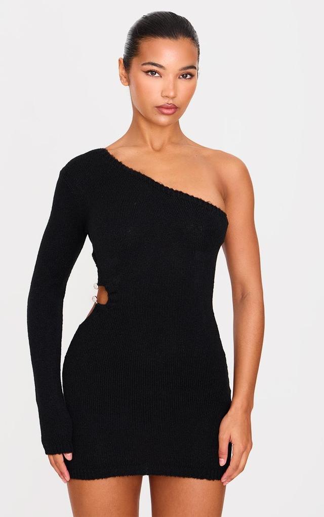 Black Soft Knit Trim Detail Cut Out One Shoulder Mini Dress Product Image