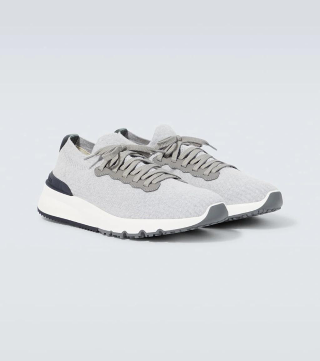 Leather-trimmed Stretch-knit Sneakers In Grey Product Image