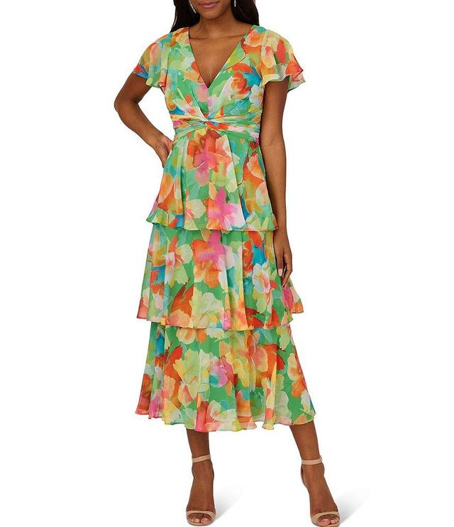 Adrianna Papell Chiffon Floral Print V-Neck Flutter Sleeve Tiered Skirt Midi Dress Product Image