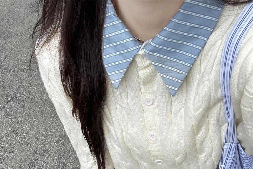 Collared Mock Two-Piece Striped Panel Cable Knit Button-Up Crop Cardigan Product Image