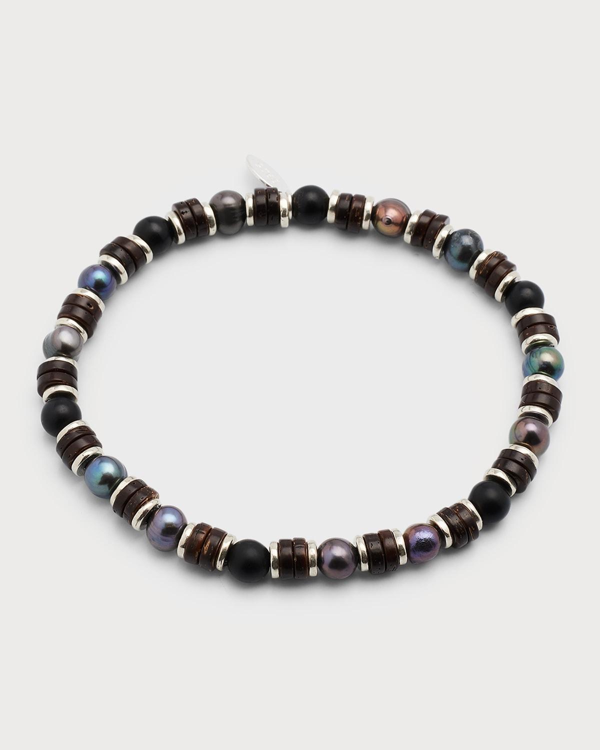 Mens Freshwater Pearl & Agate Beaded Bracelet Product Image